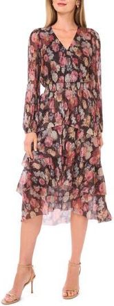 Vince Camuto Metallic Floral Long Sleeve Pliss&eacute; Midi Dress in Rich Black at Nordstrom Rack, Size X-Large
