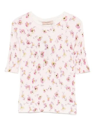 Twin-Set floral-print ribbed T-shirt - Pink