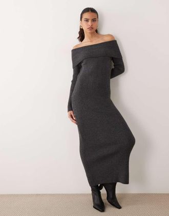 Asos vestito midaxi lavorato a maglia con schiena aperta e scollo Bardot in grigio antracite