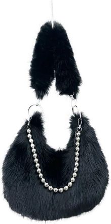 Generic Womens Plush Bags Faux Fur Womens Beaded Chain Underarm Bag Solid Color Plush Female Half Moon Shoulder Bags Winter Fluffy Hobos Handbags(Black)
