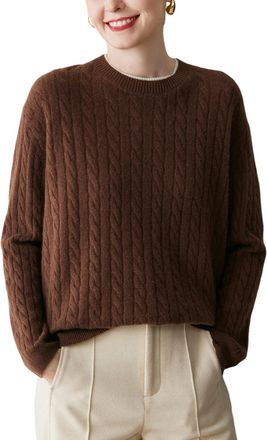 Dissa Women Cashmere Jumper Brown Crewneck Knitted Jumper Long Sleeve Relaxed Cashmere&Wool Thin Cable Ladies Sweater,UK 8,MY25244