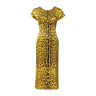 Dolce & Gabbana Party Dresses, female, Yellow, Size: XS Leopard Print Stretch Satin Midi Dress