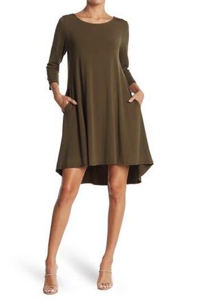 Nina Leonard Three-Quarter Sleeve Stretch Knit Trapeze Dress in Dark Olive at Nordstrom Rack, Size Small