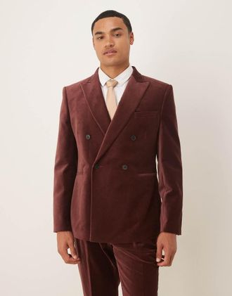 Asos Giacca da abito doppiopetto slim fit marrone scuro in velluto di cotone