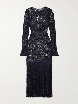 Stella McCartney Abito Maxi In Maglia Crochet Con Frange - Blu