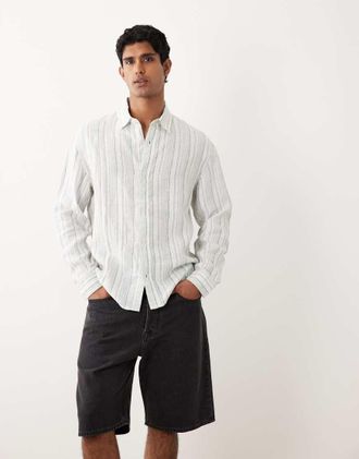 Abercrombie & Fitch Camicia in 100% lino verde e bianca a righe