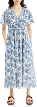 Max Studio Floral Flutter Sleeve Maxi Dress in Cream/Denim Rosette at Nordstrom Rack, Size X-Small