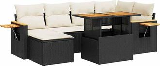 vidaXL 7 Piece Garden Sofa Set with Cushions Black Poly Rattan Acacia Vidaxl