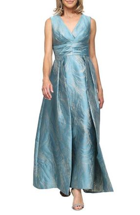 Alex Evenings Metallic Jacquard Column Gown in Teal Gold at Nordstrom, Size 16P