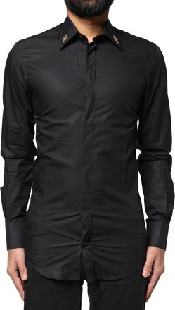 Dolce & Gabbana Black Gold Cross Embellished Men Dress Shirt Cotton