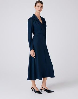 Ghost London Elena Crepe Button Through Midi Dress in Navy at Nordstrom, Size 10