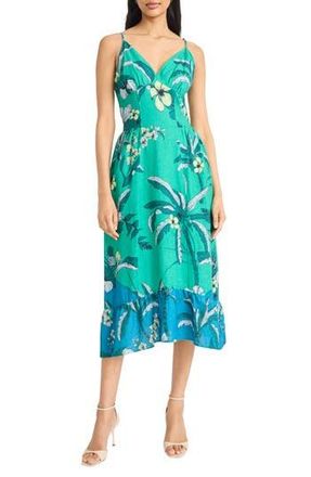 Maggy London Floral Linen Blend Fit & Flare Midi Dress in Spectrum Green/Teal Blue at Nordstrom Rack, Size 10