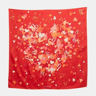 Ferragamo Red Hearts Print Silk Scarf