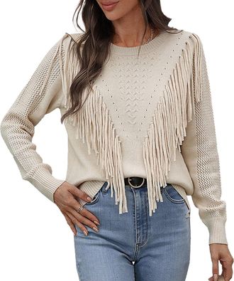 Generic Knitted Crewneck Tassel Sweater Western Fringe Tops Casual Jumper Sweatshirts Women Apricot Small