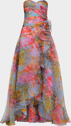 Theia Eloise Strapless Floral-Print Organza Gown