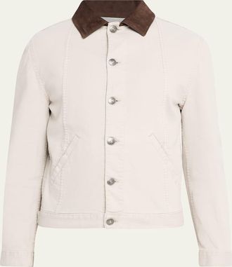 Brunello Cucinelli Mens Garment-Dyed Denim Leather-Collar Shirt Jacket