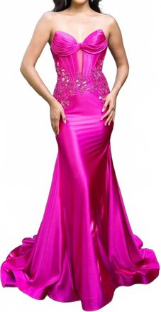 Rachel Allan Structured Corset Bodice Stretch Satin Gown In Fuchsia