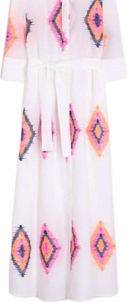 Vilagallo Bordado Ikat Button Tie Dress In White/multi