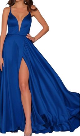Dave & Johnny Lace-Up Back Faux Wrap A Line Prom Dress In Royal