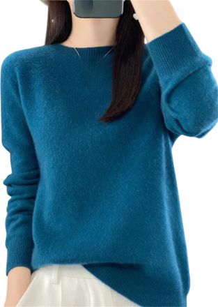 Generic Cashmere Sweater for Women Long Sleeve Crew Neck Soft Warm Pullover Lightweight Knit Top Solid Color Long Sleeve Casual (Seaweed Blue,XL)