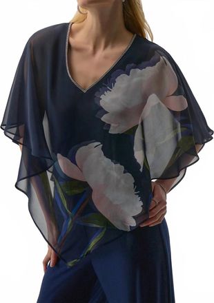 Joseph Ribkoff Floral Print V-Neck Poncho Top In Midnight Blue/multi