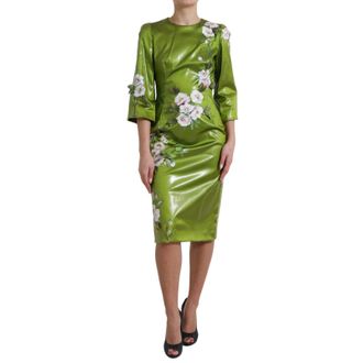 Dolce & Gabbana Womens Green Floral Embellished Sheath Midi Dress Acetate Nylon Silk Elastane