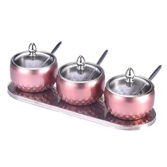 OEM Juego De Botes De Especias De Acero Inoxidable Con Bandeja Y Cuchara, Estilo Europeo, Botes De Almacenamiento De Condimentos Pr&aacute;cticos Y Elegantes Par