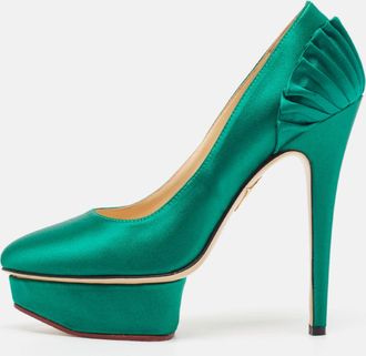 Charlotte Olympia Green Satin Paloma Platform Pumps