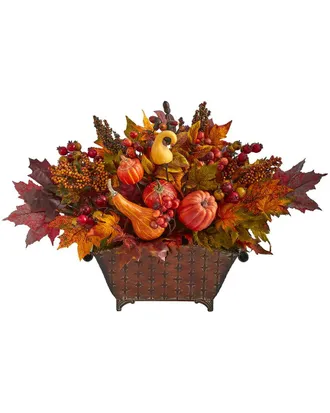 Nearly Natural 27In. Pumpkin, Maple Leaf & Berries Artificial Arrangement In Metal Vase