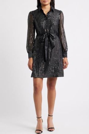 Eliza J Sequin Stripe Long Sleeve Belted Shirtdress in Black Silver at Nordstrom Rack, Size 18 (Similar To 14W)