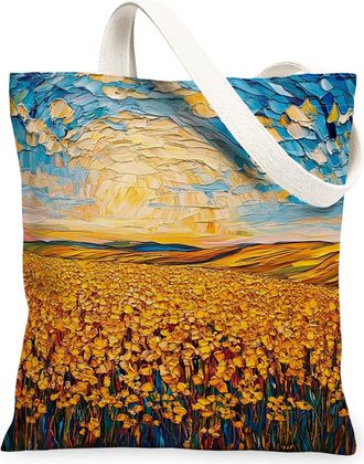 Generic Spring Goldenrod Flower Canvas Tote Bag for Shopping 13x15, Florals Landscape Reusable Grocery Print Pattern Bag for Women, Nature Scenic Beach Aesthe