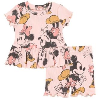 Disney Ribbed T-Shirt & Shorts Set in Minnie Mouse Pink at Nordstrom, Size 24M