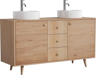 Vente-Unique Mueble de ba&ntilde;o de roble macizo con lavabo redondo sobre encimera y grifo - Roble natural claro - 145 cm - ZARENO