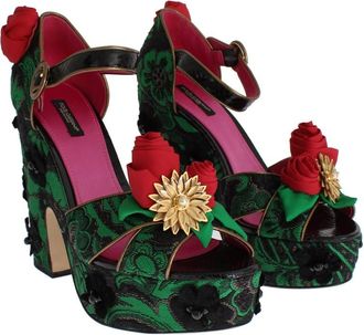 Dolce & Gabbana Green Brocade Snakeskin Roses Crystal Womens Shoes
