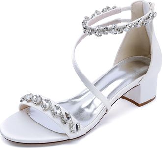 Generic Womens Wedding Heels Bridal Low Chunky Heels Sandals Satin Open Toe Heeled Party Dress Pump Shoes 4.5Cm,White,10 UK
