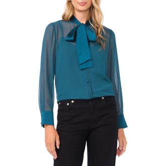 Vince Camuto Pussybow Sheer Button-Up Shirt in Deep Teal at Nordstrom Rack, Size Xx-Large