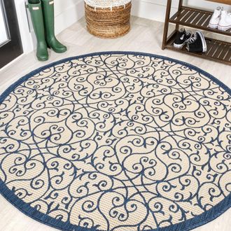 Jonathan Y Designs Madrid Vintage Filigree Textured Weave Indoor/Outdoor Round Area Rug in Navy/beige at Nordstrom, Size 5Ft 0In X 5Ft 0In