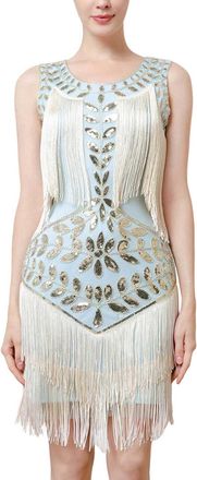 Generic 1920 Prom Sequins Gowns Gowns Vest Round Neck Plus Size Beaded Tassel Dresses (Blue, L)