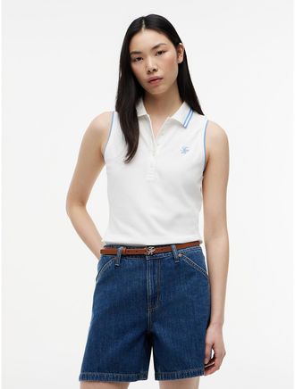 Tommy Hilfiger Womens Slim Fit Sleeveless Script Monogram Polo - White - XL