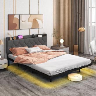Costway Costway - Struttura Letto Matrimoniale con Luci led, Letto a Piattaforma con Testiera Imbottita Regolabile e Stazione di Ricarica, Letto Moderno in