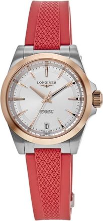 Longines Conquest Automatic Silver Dial 18K Rose Gold Plated Bezel Rubber Strap Womens Watch L3.430.5.72.9