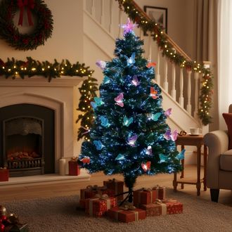 Shatchi 5Ft/150cm Butterflies Fibre Optic Christmas Tree LED Pre-Lit in Green | Size: 5ft
