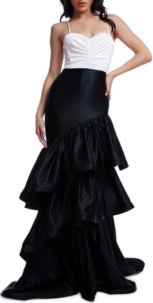 Dress The Population Clarice Tiered Ruffle Satin Gown in Off White-Black at Nordstrom, Size Xx-Large