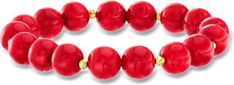 Ross-Simons 10mm Red Coral Bead Stretch Bracelet With 14kt Yellow Gold
