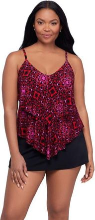 Trimshaper Ronnie 2 Tier Ruffle Tankini Swimsuit Top in Razzulejos at Nordstrom, Size 16
