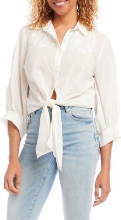 Karen Kane Embroidered Tie Front Cotton Lawn Shirt in Off White at Nordstrom Rack, Size Large