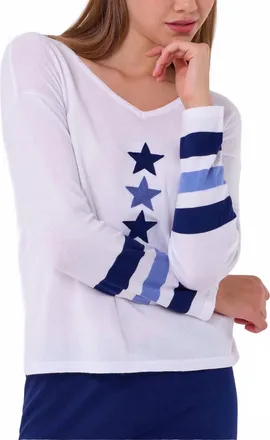 French Kyss V-Neck Star Top In White/multi