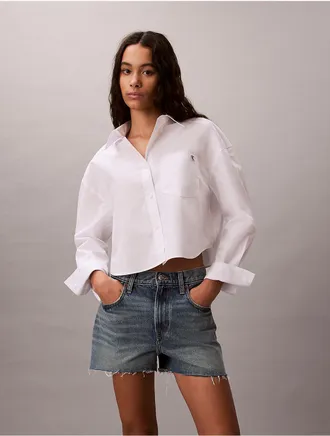 Calvin Klein Jeans Calvin Klein Womens Cotton Poplin Cropped Boxy Button-Down Shirt - Open White - XL