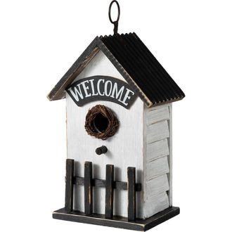 Glitzhome Washed White Distressed Solid Wood HOME or WELCOME Birdhouse in Black at Nordstrom, Size Medium