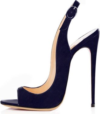 EDEFS Womens Peep Toe Stiletto Heel Slingback Suede Sandals Navy Color EU39